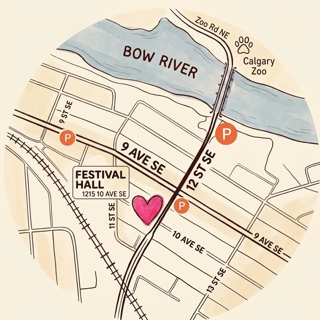 Hand-drawn map of Inglewood: the Bow River at the top, 9 Ave SE and 12 St SE crossing in the middle, the train tracks on the left, a heart on Festival Hall and P markers on nearby parking.